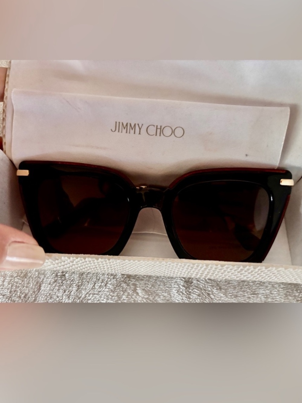 Jimmy Choo Cat Eye Sunglasses in Black with Brown Lenses